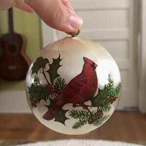 Vintage Satin Thread Ornament Cardinal Holly Pinecone 3" 70s 80s Retro Christmas